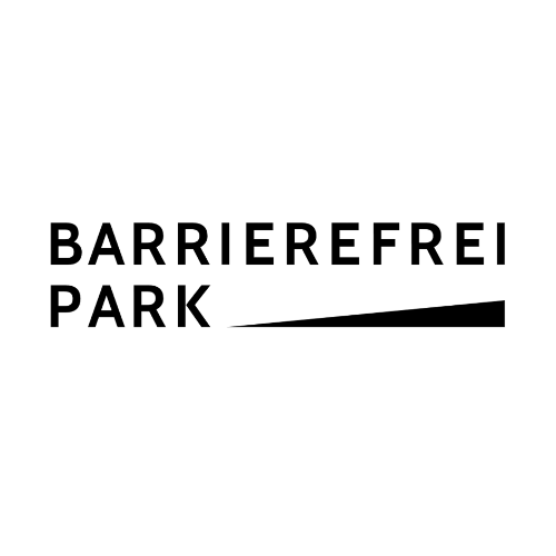 Logo des Barrierefrei Parks. Das Wort-Bild-Logo zeigt neben dem Namen Barrierefrei Park eine stilisierte, aufsteigende Rampe. Das Logo ist in Schwarz und Weiß gestaltet.