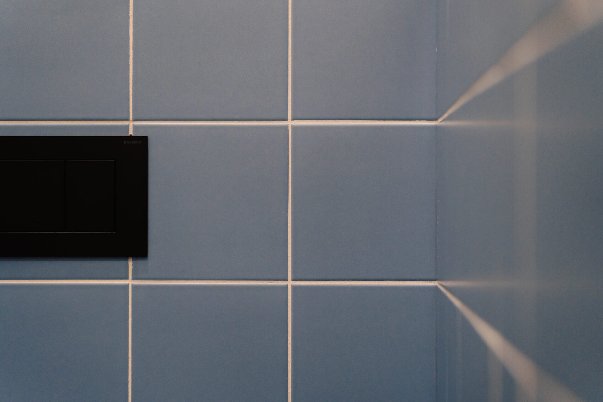 Nahaufnahme von verlegten Fliesen auf Wand, Farbton blau, teilweise angeschnittene Drückerplatte von WC